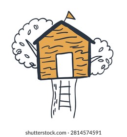 A simple sketch style illustration of a small wooden treehouse with a ladder and a flag on top set in a tree