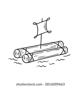 A simple sketch style illustration of a small raft made of logs tied together with a single sail floating on water