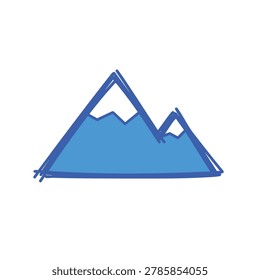 A simple sketch style illustration of two mountain peaks with snow caps colored in blue against a plain background