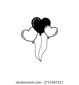 Un boceto simple de tres globos en forma de corazón flotando en el aire