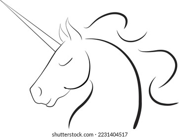 Simple sketch of the unicorn head with a long horn. Side profile of the head.