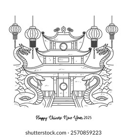 Simple sketch vector drawing concept of Traditional Chinese New Year 2025 Line Art with Pagoda, Twin Snakes, and Lotus Flowers - Year of the Snake Oriental Temple Illustration with Hanging Lanterns. 