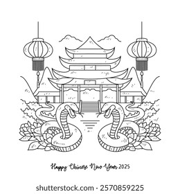 Simple sketch vector drawing concept of Traditional Chinese New Year 2025 Line Art with Pagoda, Twin Snakes, and Lotus Flowers - Year of the Snake Oriental Temple Illustration with Hanging Lanterns. 