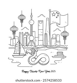 Simple sketch vector drawing concept of Traditional Chinese New Year 2025 Line Art with Landscape, Snakes, and Shanghai city view - Year of the Snake Oriental Temple Illustration with Hanging Lanterns