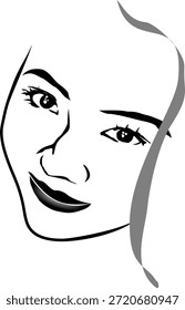 vetor de esboço simples do rosto de uma mulher sorridente com linhas pretas isoladas no branco
