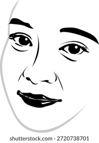 vetor de esboço simples do rosto de uma mulher sorridente com linhas pretas isoladas no branco