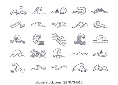 Simple sketch wave, sea icons. Doodle ocean curls, sketch sailing elements, line silhouettes. Minimalist logotype template. Outline marine company logo. Vector current cartoon illustration