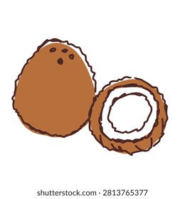 A simple sketch of a whole brown coconut and a cross section of a coconut showing the white flesh and brown husk
