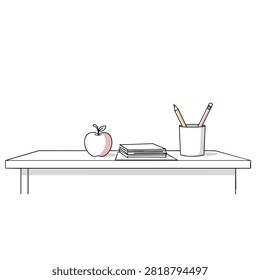 A simple sketch of a wooden desk featuring a fresh apple a stack of books and a pencil holder with pencils on a white background