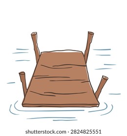 A simple sketch of a wooden dock with four posts floating on water ripples featuring brown planks and a clean white background