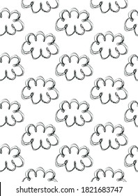 Simple Sketched Cloudy sky Vector Print. Seamless Vector Pattern with Black Hand Drawn Clouds Isolated on a White Backgound. Baby Shower Print.