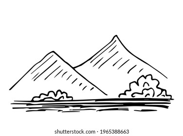 Simple Sketched Hand Vector Drawing In Black Outline. Mountain Landscape, Sharp Rocks, Bushes And Vegetation, Summer Nature. Travel And Hiking, Sports And Recreation. Ink Sketch.