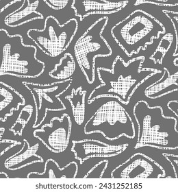 Simple sketchy floral pattern of big bold high contrast organic shapes on gray background. Lacy botanical cut out collage for textiles and paper