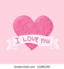 simple sketchy illustration of heart on ponk background with words I love you