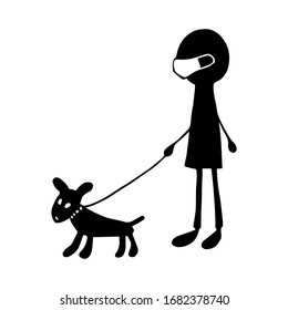 Simple sketchy vector freehand drawing. The black silhouette of a cartoon man in a medical mask walks with a dog on a leash isolated on a white background. Safe walking of pets with viral infections. 