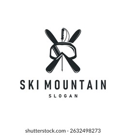 simple ski sport logo with black silhouette of minimalist ski equipment and snow mountain ski sport concept illustration symbol template