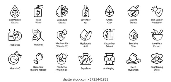 Conjunto de iconos de línea de cuidado de la piel simple con extractos botánicos, ingredientes activos, beneficios para el cuidado de la piel, aloe, vitaminas y más