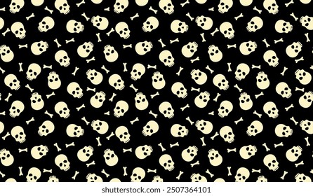 Simple skull and bones pattern background. Vector Halloween black print with skeletons parts. Funny illustration for Day of Dead decor, Halloween wallpaper, wrapping paper, backdrop.