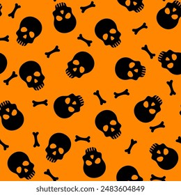 Simple skull and bones seamless pattern. Vector Halloween repeat orange background with skeletons parts. Funny print for fabric texture, Day of Dead decor, wallpaper, wrapping paper, backdrop.