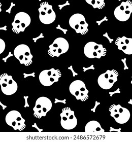 Simple skull and bones seamless pattern. Vector Halloween repeat black background with skeletons parts. Funny print for fabric texture, Day of Dead decor, wallpaper, wrapping paper, backdrop.