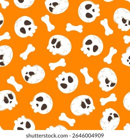 Simple skull and bones seamless pattern. Vector Halloween repeat orange background with white skeletons parts. Funny print for fabric texture, Day of Dead decor, wallpaper, wrapping paper, backdrop.