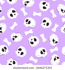 Simple skull and bones seamless pattern. Vector Halloween repeat lilac background with white skeletons parts. Funny print for fabric texture, Day of Dead decor, wallpaper, wrapping paper, backdrop.