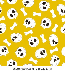 Simple skull and bones seamless pattern. Vector Halloween repeat yellow background with white skeletons parts. Funny print for fabric texture, Day of Dead decor, wallpaper, wrapping paper, backdrop.