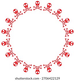 Crânio simples com ícones cossbone organizados em uma borda circular em. Tema de borda do quadro de aviso ou de perigo