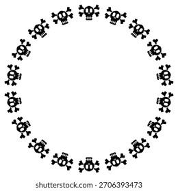 Simple skull with cossbone icons in pixel style arranged in a circular border on. Warning or danger frame border theme.