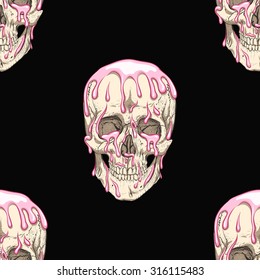 Simple skull with ice cream.Black background.Seamless pattern background.
