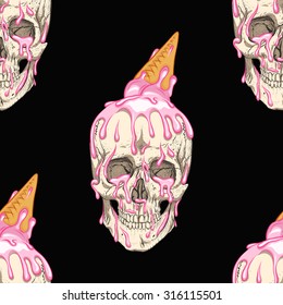 Simple skull with ice cream.Black background.Seamless pattern background