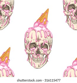 Simple skull with ice cream.White background.Seamless pattern background