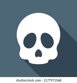 Simple skull icon. White flat icon with long shadow on background