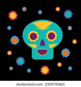 Simple skull on a black background with flowers. Decoration for the day of the dead. Vector illustration.