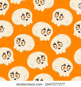 Simple skull with orange eyes seamless pattern. Vector Halloween repeat orange background with white skeletons. Funny print for fabric texture, Day of Dead decor, wallpaper, wrapping paper, backdrop.