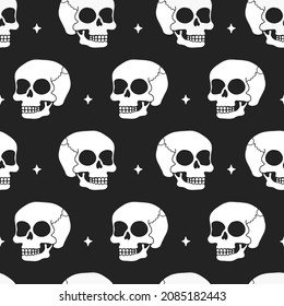 Simple skull seamless pattern. Vector hand drawn doodle cartoon character illustration. Trendy skull print for t-shirt, poster seamless pattern concept