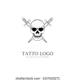 simple skull and sword logo design with white background