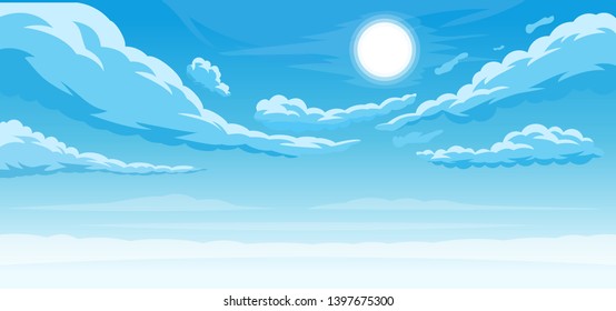 Simple sky background with clouds and sun. Vector illustration