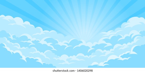 Simple sky background with clouds and sun. Vector illustration