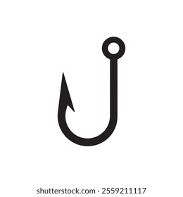 Simple and sleek fishing hook silhouette icon with bold black lines, perfect for logos, branding, and vector illustrations in fishing, outdoors, and marine themes.