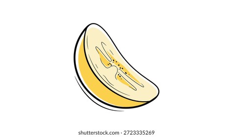 Rebanada simple de un melón amarillo o melón cantalupo con semillas en el centro que se muestra en una ilustración gráfica dibujada a mano.