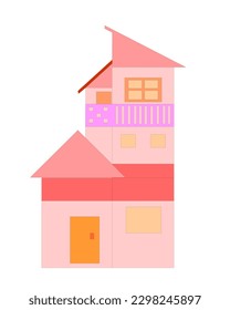 a simple, slightly red three-story house 
