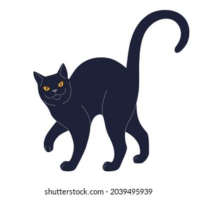 Simple slinking black cat isolated on white background.  Domestic animal with orange eyes, soft paws and long tail. Halloween holiday decoration element. Vector cartoon flat illustration.