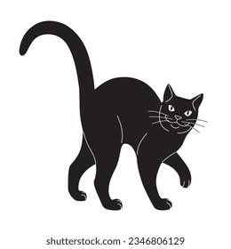 Simple slinking black cat isolated on white background. Monochrome domestic animal with soft paws and long tail. Halloween decoration element. Vector cartoon flat illustration.