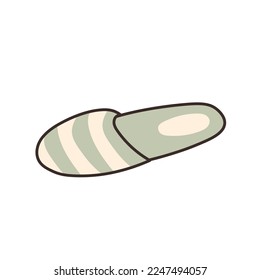 Simple slipper in doodle cartoon style. Hand drawn green slipper vector illustration. Cozy home symbol, logotype, icon