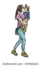 A simple sloppy sketch. Mother with a baby in her arms, kisses her child. A young woman with a small daughter walks in the park. People go down the stairs. Motherhood, tenderness, hug. Isolated vector