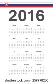 Simple Slovak 2016 year vector calendar. Week starts from Sunday.