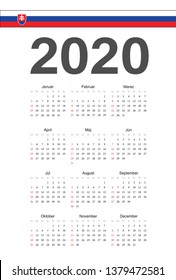 Simple Slovak 2020 year vector calendar. Week starts from Sunday.