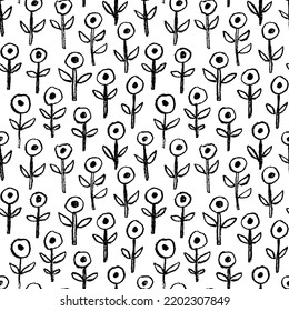 Simple small chamomiles seamless pattern. Hand drawn linear charcoal or pencil drawing of daisy flowers. Vector botanical seamless print. Summer field with meadow plants. Simple botanical motif. 