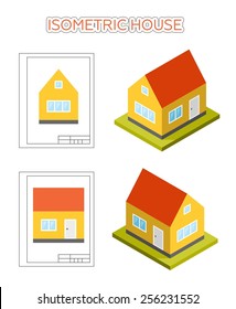 Simple small cute isometric house, vector icon. Set of front and side elevations and isometric views.